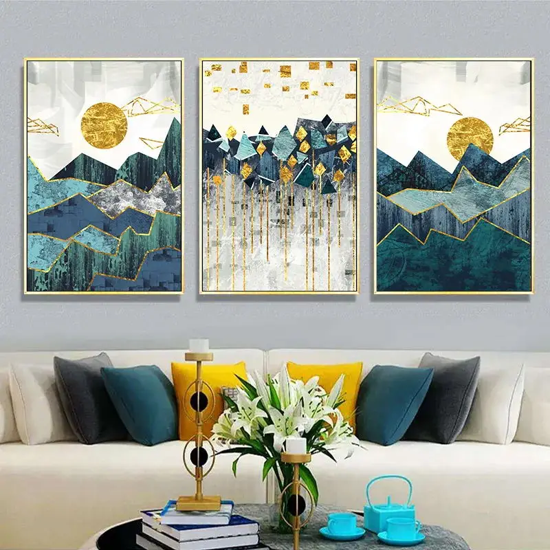 

Nordic Abstract Geometric Mountain Landscape Wall Art Canvas Painting Golden Sun Art Poster Print Wall Picture for Living Room