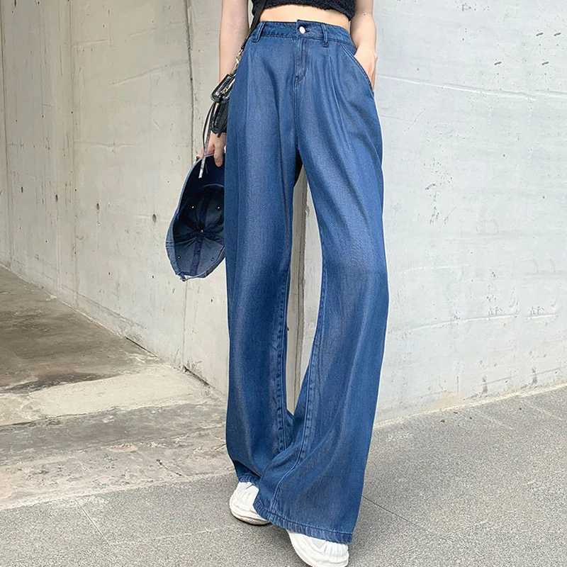 

Biyaby New Fashion Ice Silk Wide Leg Pants Women 2022 High Waist Baggy Trousers Woman Dark Blue Straight Streetwear Pants Female