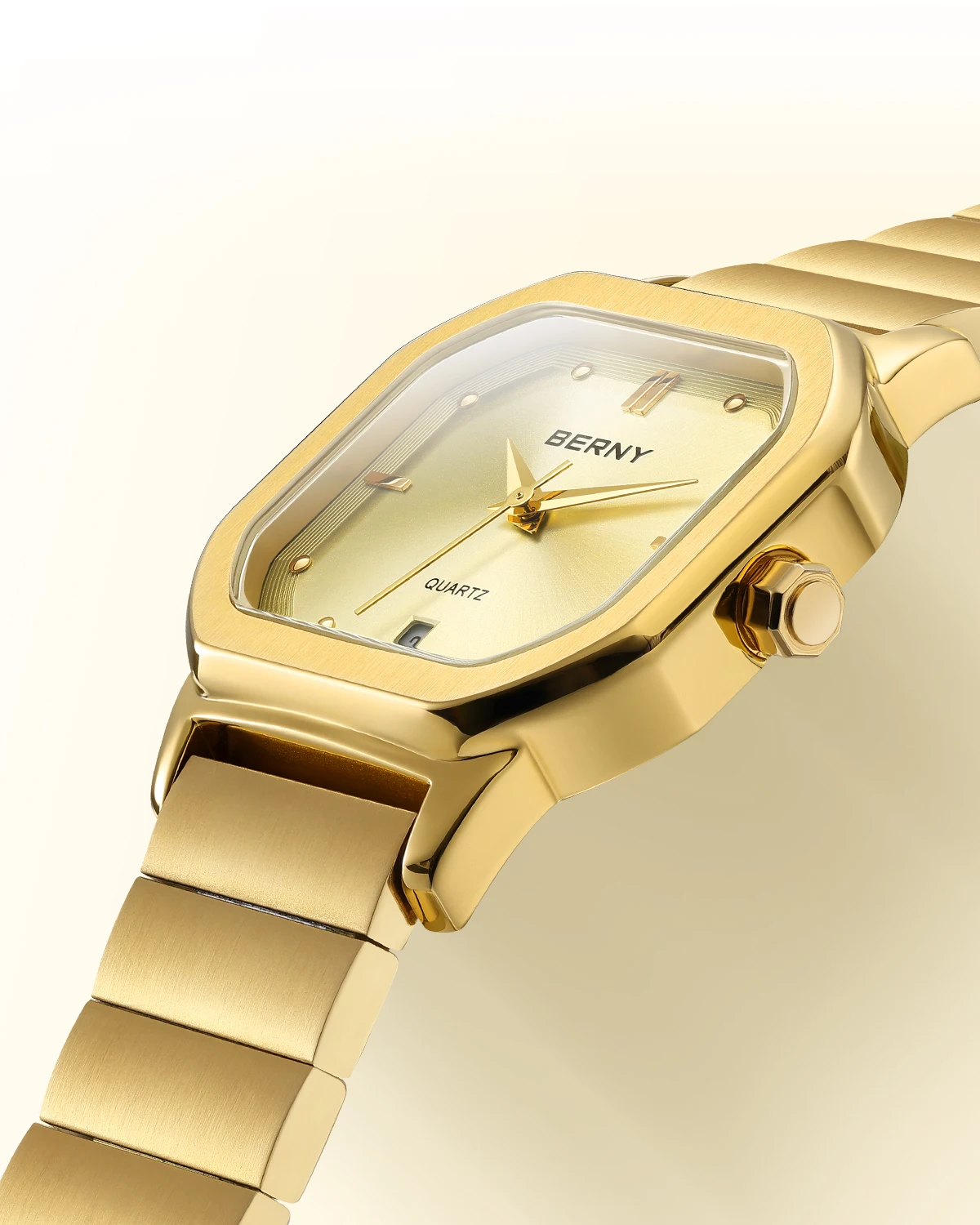 BERNY Goldene Uhren für Herren, goldene klassische quadratische Quarz-Herrenuhr, komplett aus Edelstahl, stilvolle, wasserdichte Armbanduhr – Detail 4
