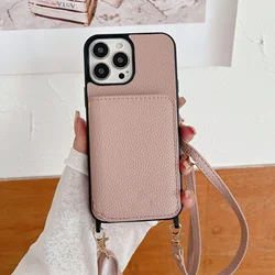 Elegant Crossbody Leather Wallet with Lanyard and Card Slots - Lichee Pattern Cover - iPhone 12 Pro (Pink)