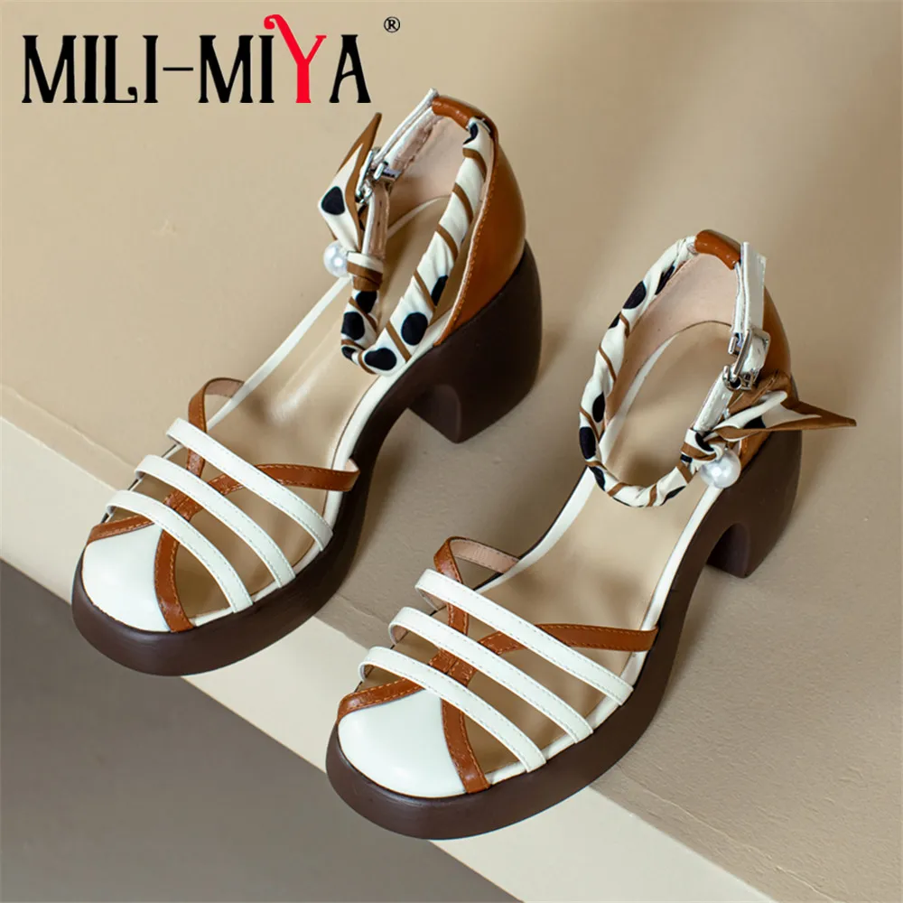 

MILI-MIYA Fashion Weave Mixed Color Women Cow Leather Sandals Ankle Wrap Thick Heels Cover Heels Plus Size 34-43 Dress Summer