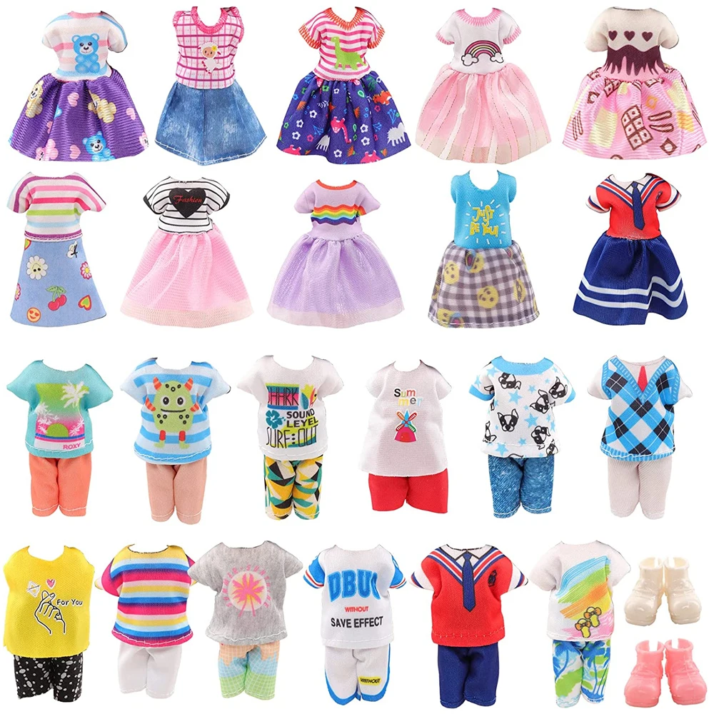 36PCS 6Inch Kelly Doll Clothes Set Include 5PCS Girl Dress,5PCS Boy Tops Pants,2Pairs Shoes,2x Doll,20x Hangers,2x Swimming Ring 3