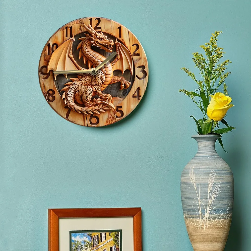 Wooden wall clock with a dragon carving, perfect for home or office decor. Requires AA batteries 6