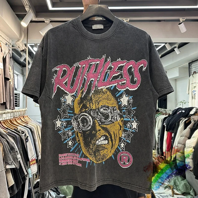 

Футболка с цифровым принтом для мужчин и женщин, винтажный оверсайз топ с коротким рукавом, вареная стирка