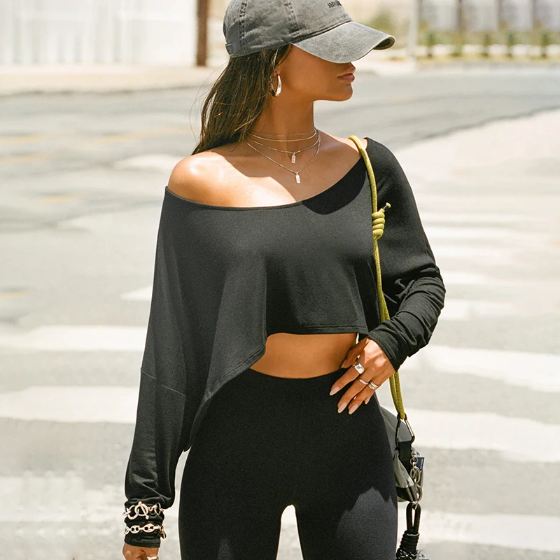 BIIKPIIK Casual Off Shoulder Solid Knitted Tops Concise Skew Collar Long Sleeve Autumn Tees For Women Sporty Irregular T-shirts 4