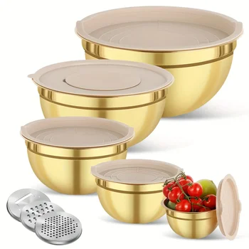 10-piece gold stainless steel mixing bowl set with lid and sharpener - perfect for baking, cooking, salad | dishwasher-cleaning