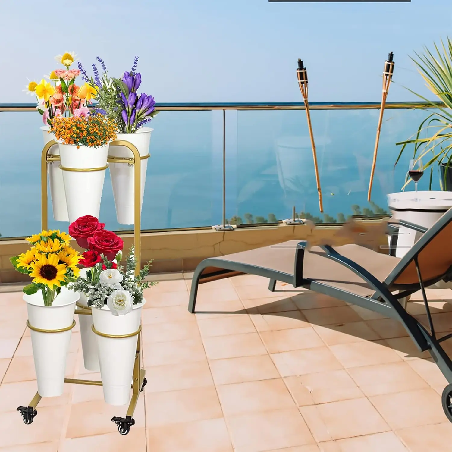 Stand With 6PCS Buckets, 2 Layers Metal Plant Stand with Wheels, Heavy Duty Moving Plant Cart Shelf, for Indoor, Outdoor Patio G 5