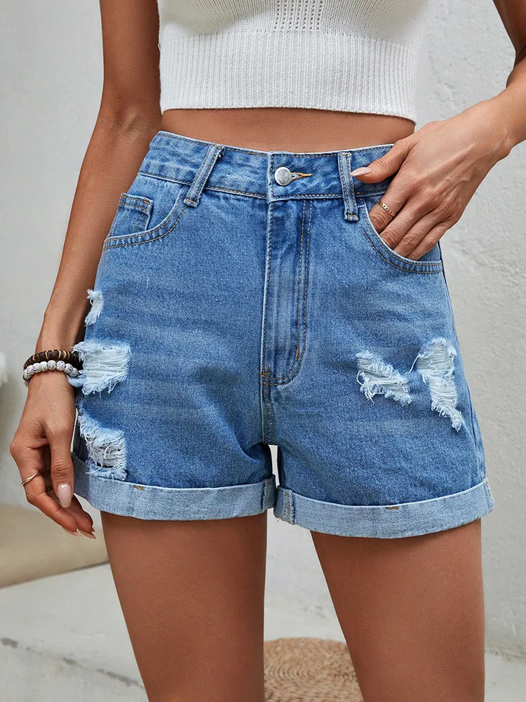 

Benuynffy Fashion Rolled Hem Ripped Jeans Shorts Women Summer New High Waisted Streetwear Casual Loose Denim Shorts Ladies 2024