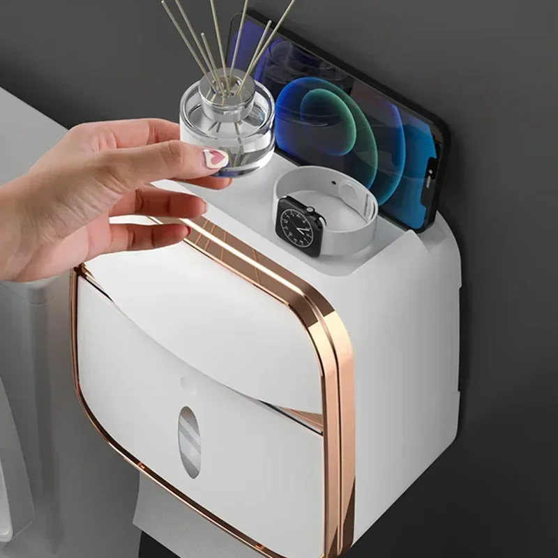 Wall-Mounted Waterproof Toilet Paper Box No-Nail Toilet Tissue Box Free-Punch Tissue Box Toilet Paper Roll Paper Storage Rack 3