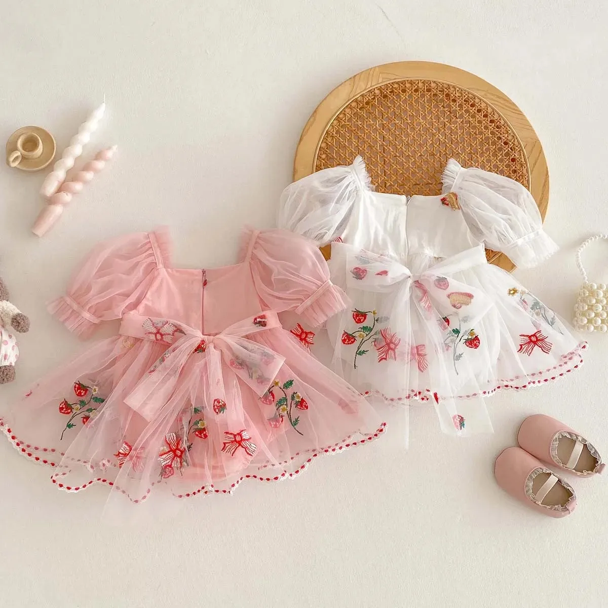 Summer New Bubble Sleeve Bib Overalls Baby Girl Embroidered Butterfly Knot Net Princess Skirt Hundred Days Outdoor Clothes