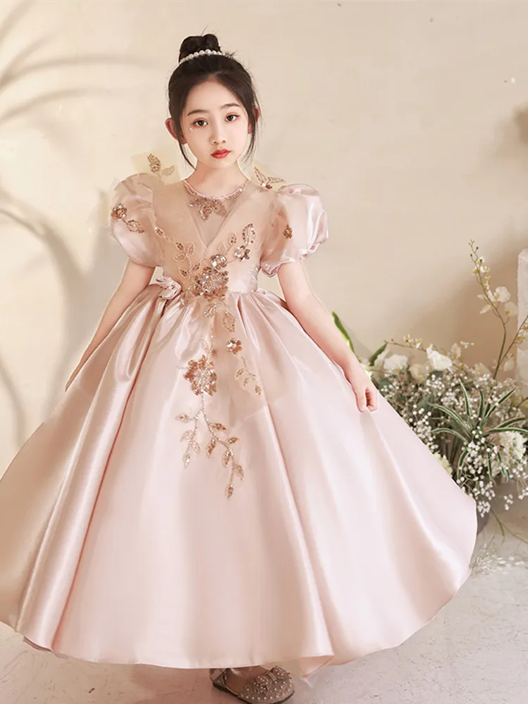 

2023 Luxurious Gala Dress for Teens Girl Kids Sequins Pink Maxi Ball Gown for Banquet Children Elegant Grad Night Long Dresses