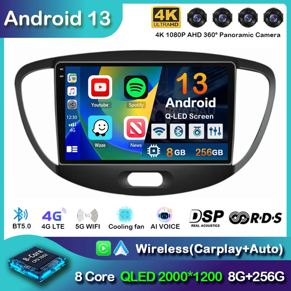 

Автомагнитола на Android 13 Carplay для Hyundai I10 2007 2008 2009 2010 2011 2012 2013 с GPS-рекордером, мультимедийным проигрывателем, 4G + WiFi DSP