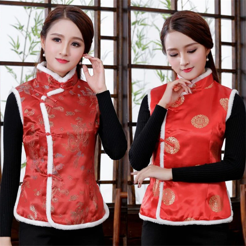 Women Chinese Style Cheongsam Qipao Tang Suit Thicken Velvet Vest Traditional Evening Party Wedding Retro Satin Clothes New Year