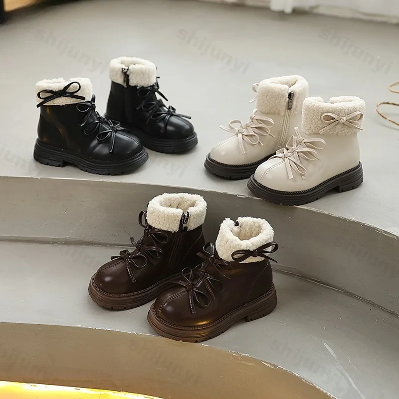 الأطفال الثلوج أحذية الاطفال حذاء من الجلد عدم الانزلاق سستة Soild اللون  شتاء جديد الفتيات مريحة الدافئة أفخم القوس الأميرة الأحذية