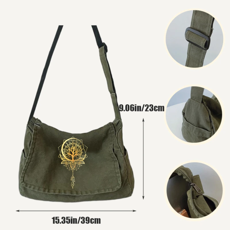 Vintage Women's Shoulder Bag Crossbody Bag Canvas Tree of Life Print Messenger Bag Large Capacity for Travel