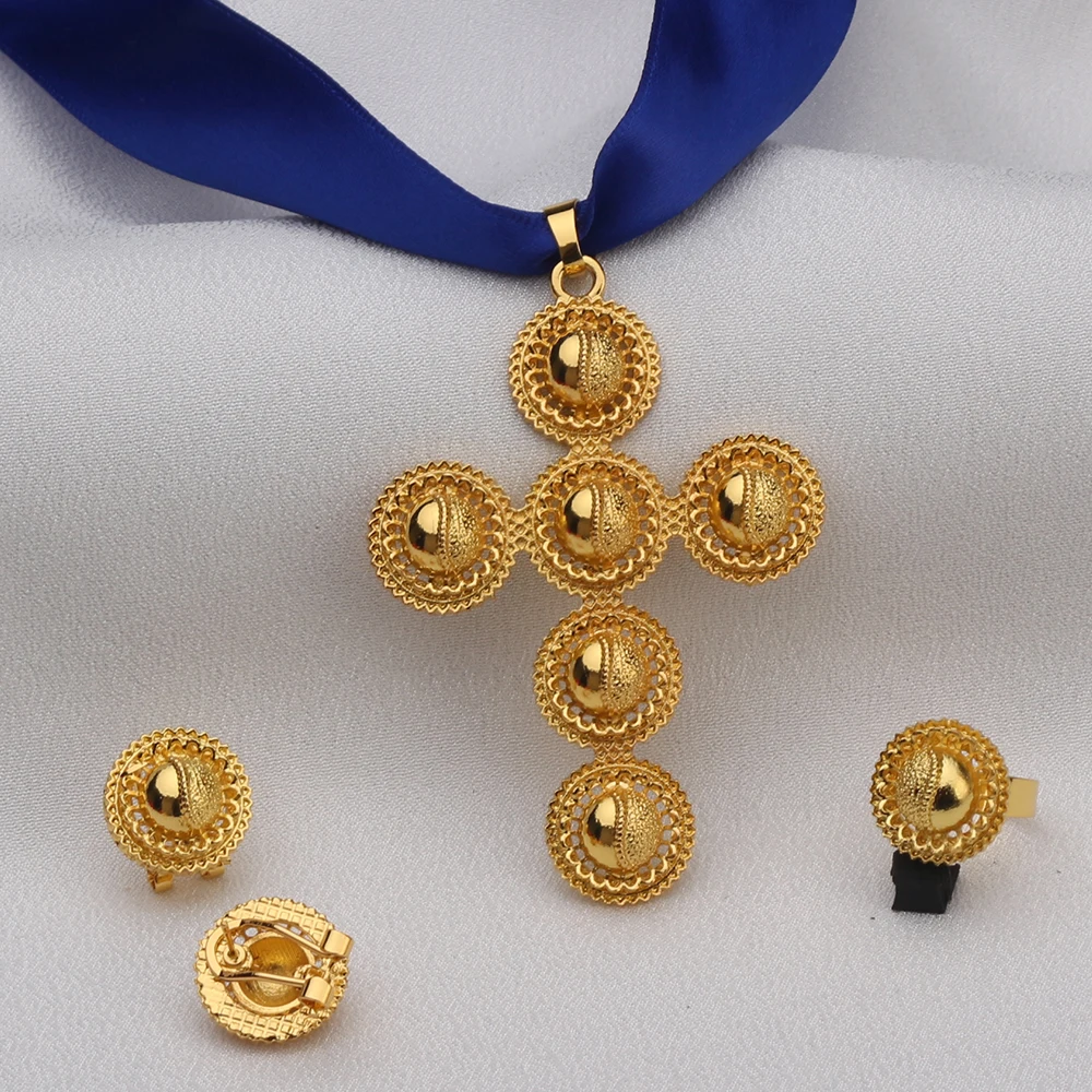 

Роскошный позолоченный Свадебный дизайнерский крест в эфиопском стиле, Свадебные Ювелирные наборы, подарки для женщин, кулон, цветная лента, ожерелье, серьги