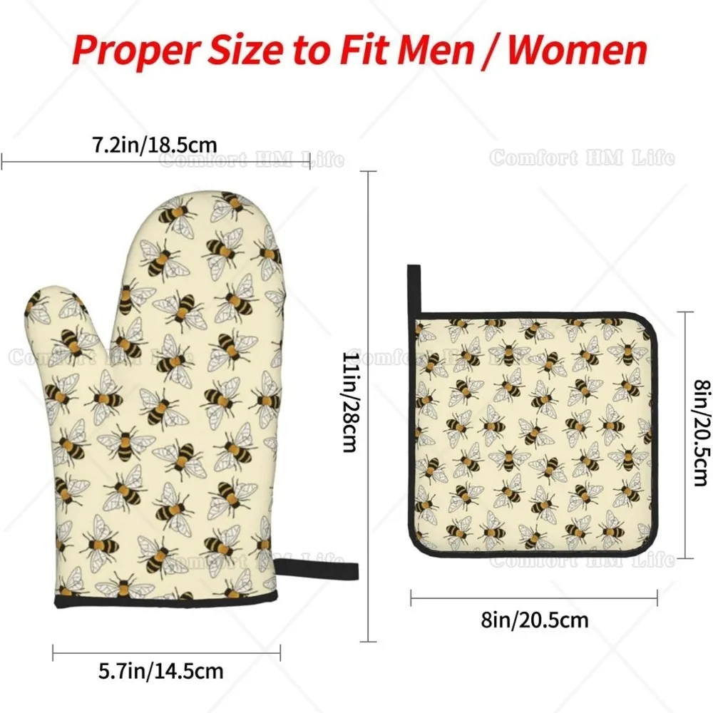 Happy Busy Bees Oven Mitts and Pot Holders Sets of 4 High Heat Resistant Non-Slip Bees Oven Gloves for Kitchen Cooking Grilling