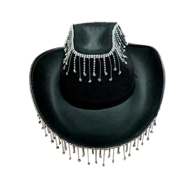 Rhinestones Cowgirl Hats Shiny Rave Cow Girl Hat with Rhinestones Fringe Adult Size Cowboy Hat for Party 3 Color 2