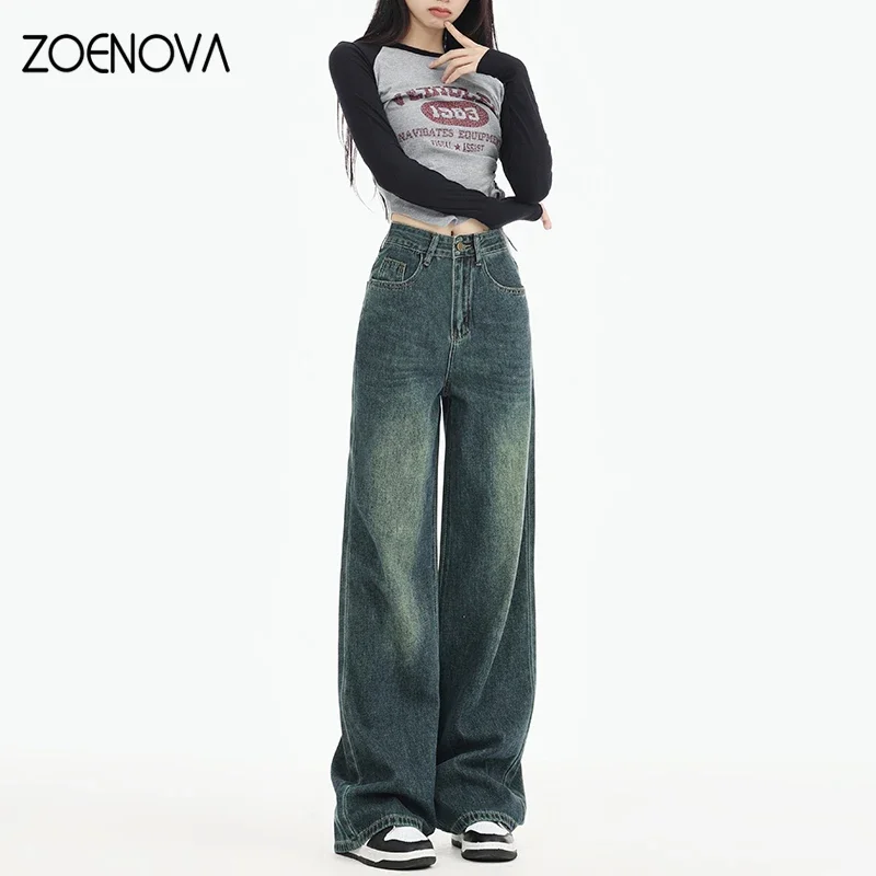 ZOENOVA 용수철 하이 퀄리티 패션 캐주얼 스트리트 Y2K 향수 컬러 와이드 레그 팬츠, 가을 레트로 루즈 스트레이트 여성 청바지, 신제품