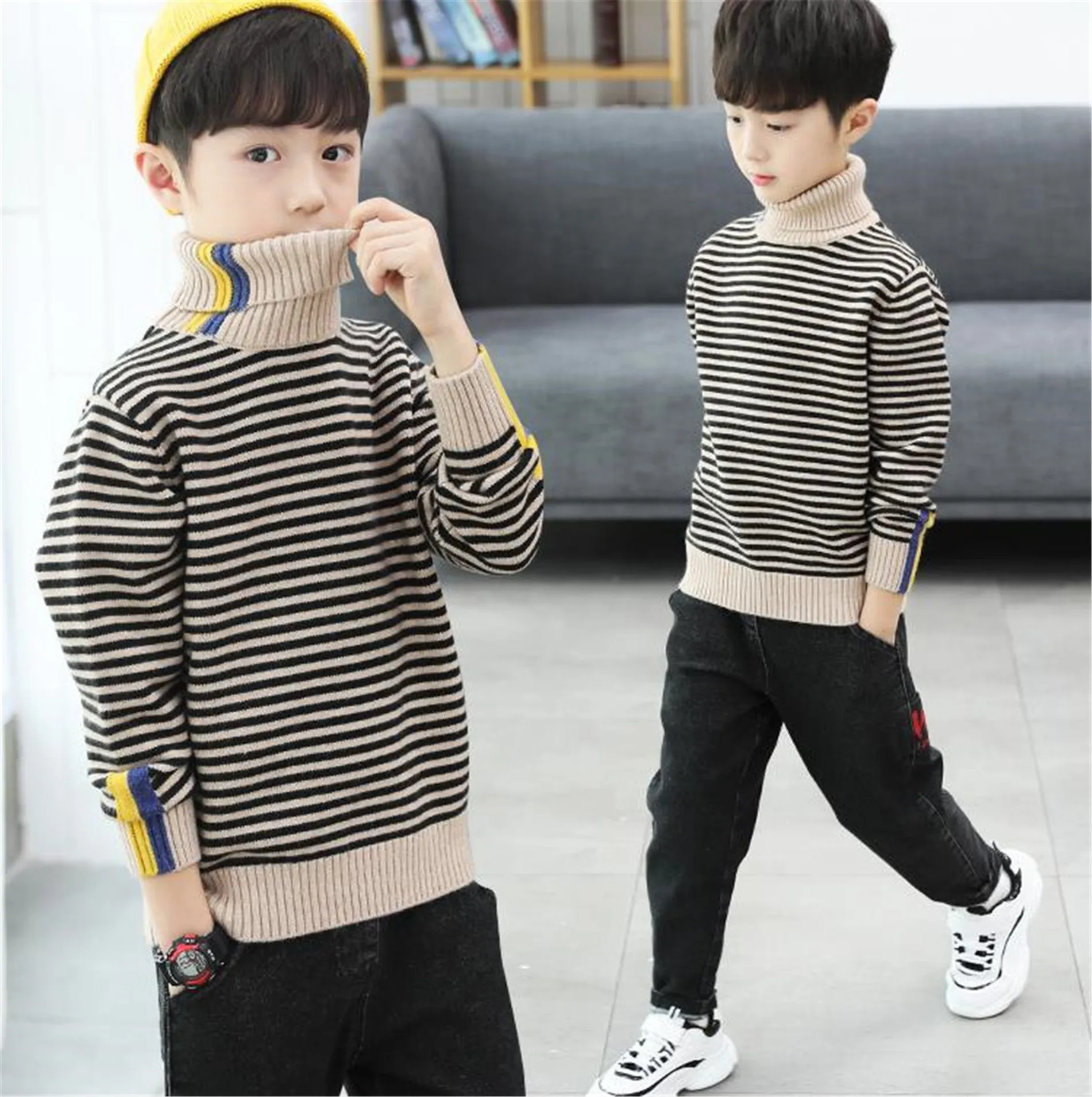 

Boys Winter Sweater kids Warm Fashion casual Pullovers Striped Knitted Sweaters Turtleneck Teenagers Clothes