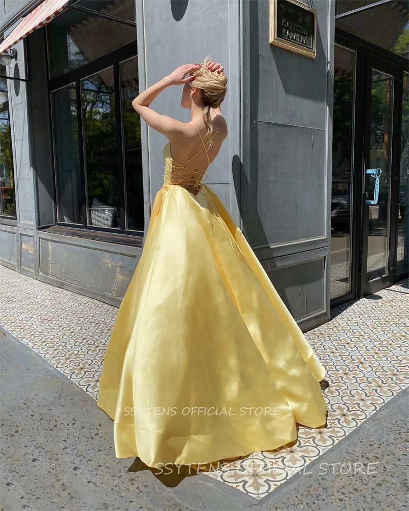 Evening Prom Dresses Formal Occasion Dresses Yellow Satin Sparklelong A Line Spaghetti Straps