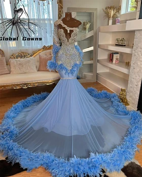 Silver Bead Diamonds Blue Evening Dresses One Sleeve Feathers Glitter Crystal Prom Dress Mermaid Birthday Party Gowns Customized 1