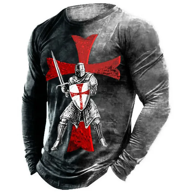 Vintage Print Tshirt 3d Templar Shirt Us Long Sleeve Street Hip Hop Loose Crew Neck Fall Top Plus Size Men Pullover Clothes CXKinghts-1802