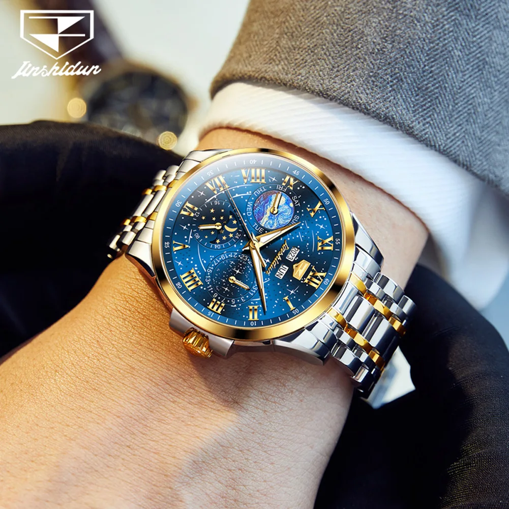 JSDUN 8957 Watch For Men Moon Phase Starry Sky Waterproof Luminous Fashion Mechanical Wristwatch Week Date Roman Scale Man Watch