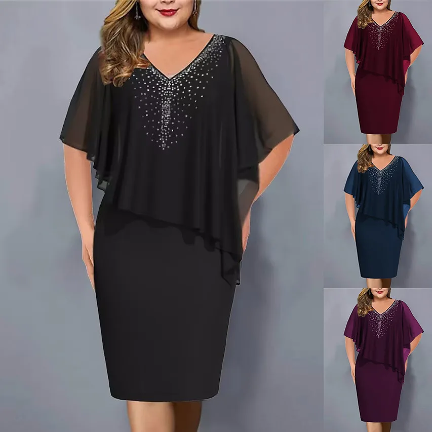 feminino, tamanho positivo, chiffon, diamante, monocromático, elegante, ajuste viajante, moda verão