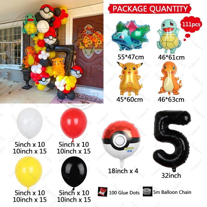 111pcs kreslený pikachu bázeň balónků oblouk girlanda sada červený černá žlutý latexové balónků děti narozeniny děťátko sprcha večírek decors