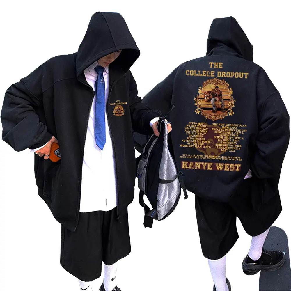 Rapper Kanye West Hip Hop Streetwear The College Dropout Zipper Hoodie Men Casual Cotton Hoodies Male Fashion Cool Zip Up Jacket