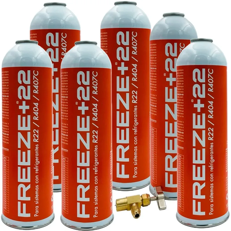 Pack 6 Bottiglie Gas Refrigerante Congelamento Ecologico + 22 R22-R404-R407C + Chiave Di Servizio
