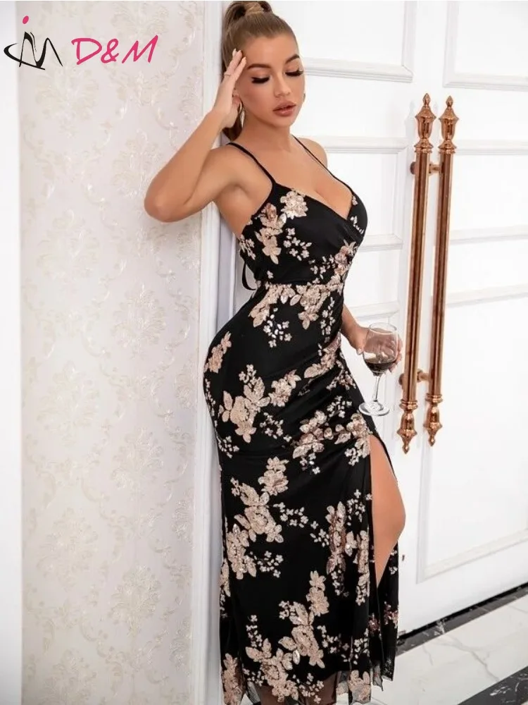 D&M Brand Traf Female Dress Floral Sequin Criss-cross Tie Backless Split Thigh Cami Dress Part Dresses Vestidos Para Mujer