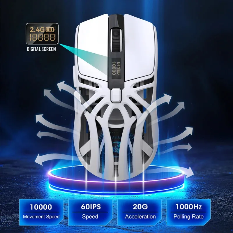 2026 Wireless Gaming Mouse With RGB Lighting Rechargeable Battery Three-Mode Mouse USB Plug Play Right-Handed Comfort Hollow-Out