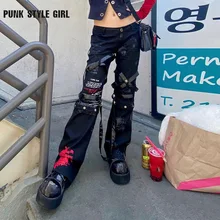 

Grunge Alt Black Pants E Girl Harajuku Cargo Jeans Emo Buckle Teachwear Baggy Jogger Cyber Y2k Denim Academic Ripped Trousers