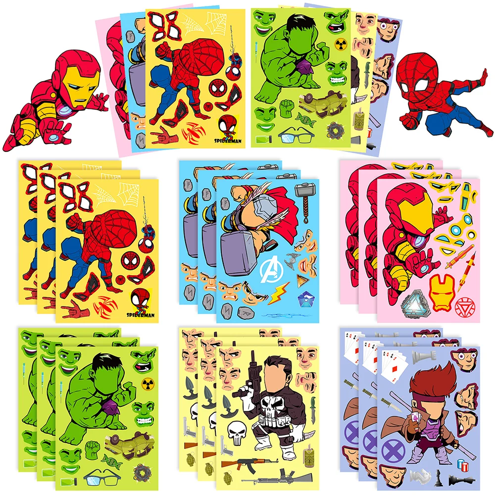 

6/12Sheets Disney Marvel The Avengers Make-a-Face Puzzle Stickers Anime Spiderman Iron Man Kids DIY Assemble Jigsaw Sticker Toys