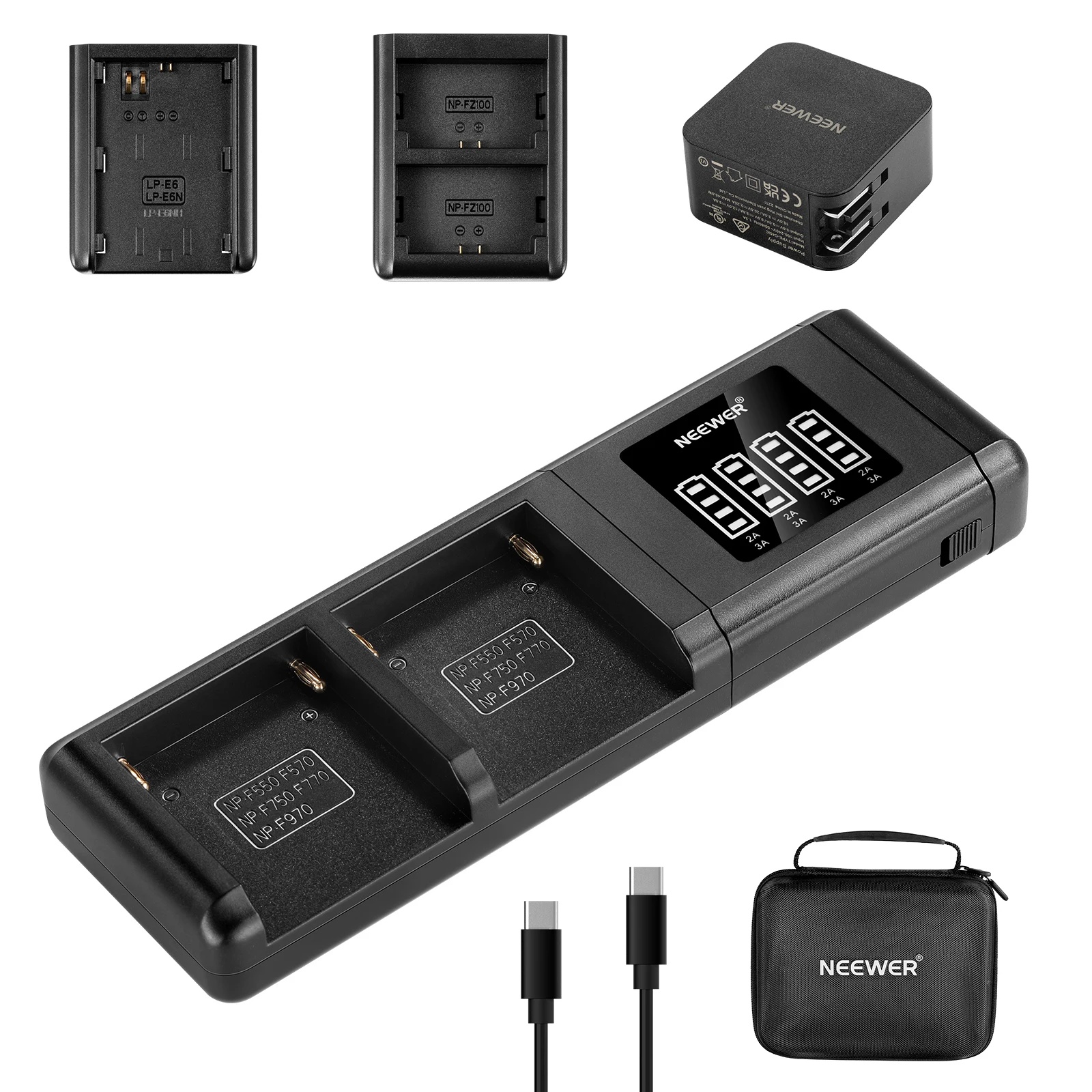 

NEEWER SN4 Modular Camera Battery Charger Compatible with Sony NP-F970 950 750 550 NP-FZ100 Canon LP-E6 LP-E6N LP-E6NH