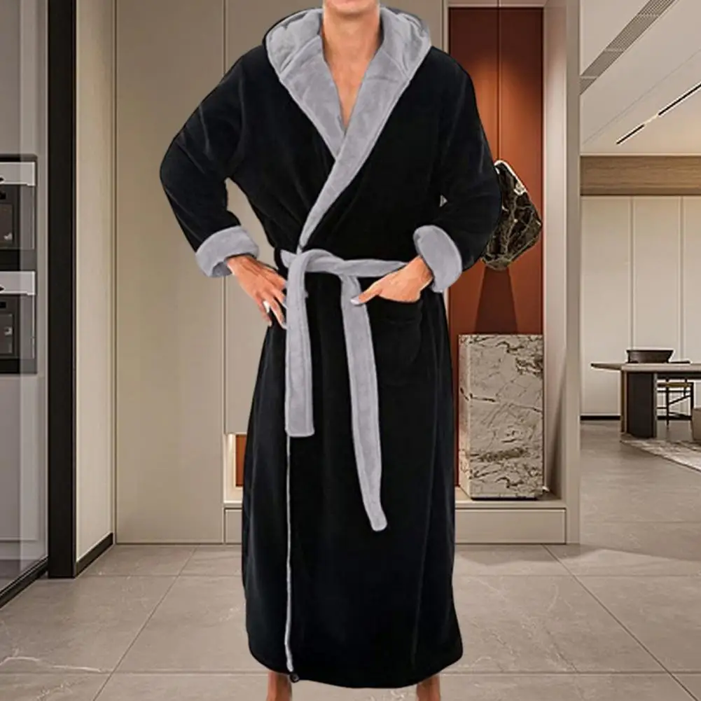 Cotton Bathrobe Flannel Robe Cozy Bathrobe Luxurious Men's Hooded Bathrobe with Adjustable Belt Ultra Soft Absorbent Male Robe with Pockets Plush Solid Color