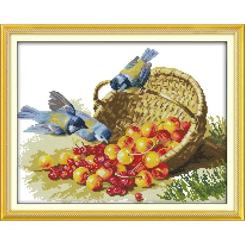 Joy Sunday Pre-printed Cross Stitch Kit Easy Pattern Aida Stamped Fabric Embroidery Set-Bird and Fruit
