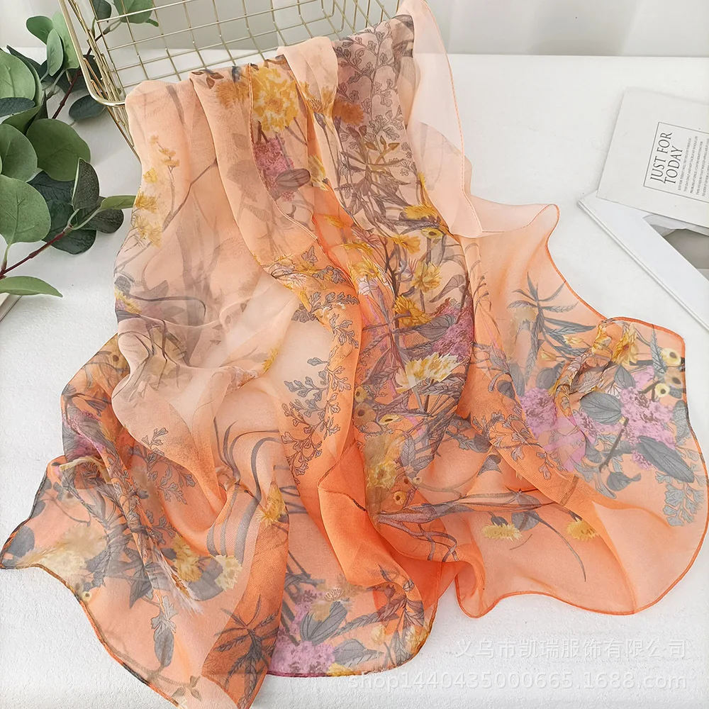 

New Fashion Flower Plants Chiffon Georgette Scarf Women Geometric Printing Long Soft Wrap Scarf Shawl Beach Kerchief Scarves