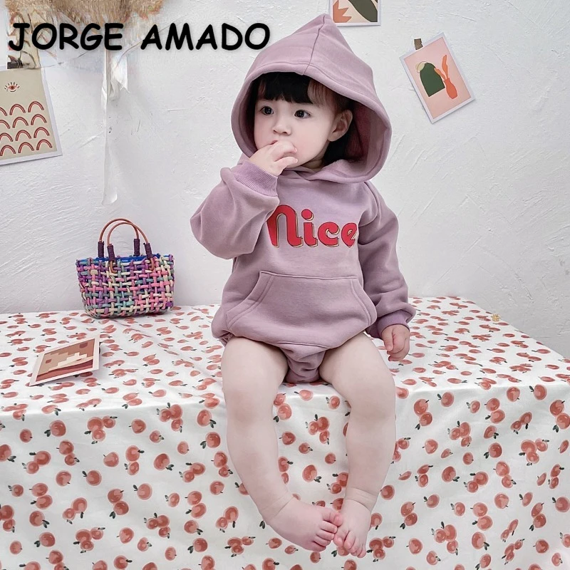

Korean Style Spring Autumn Baby Girl Boy Bodysuit Long Sleeved Hooded Letter Fleece Jumpsuit Newborn Crawling Clothes H2084