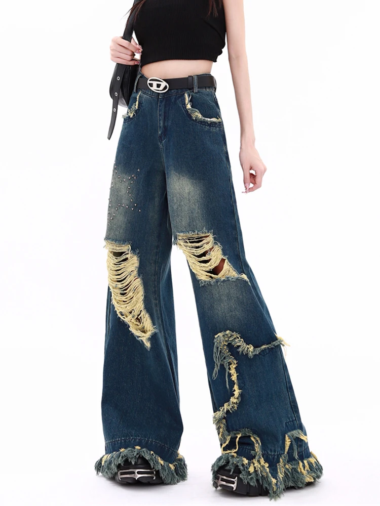 Retro American High Street Ripped Holes Jeans Girl Vintage Blue Oversized Denim Trousers Fashion Beaded Wide Leg Pants Women Y2K