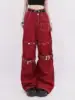 90s Hip Hop American Women Red Fashion Overalls Two-In-One Detachable Loose Jeans Y2K Wide Leg Pants Korean Retro Street Wear