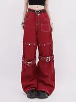 90s Hip Hop American Women Red Fashion Overalls Two-In-One Detachable Loose Jeans Y2K Wide Leg Pants Korean Retro Street Wear