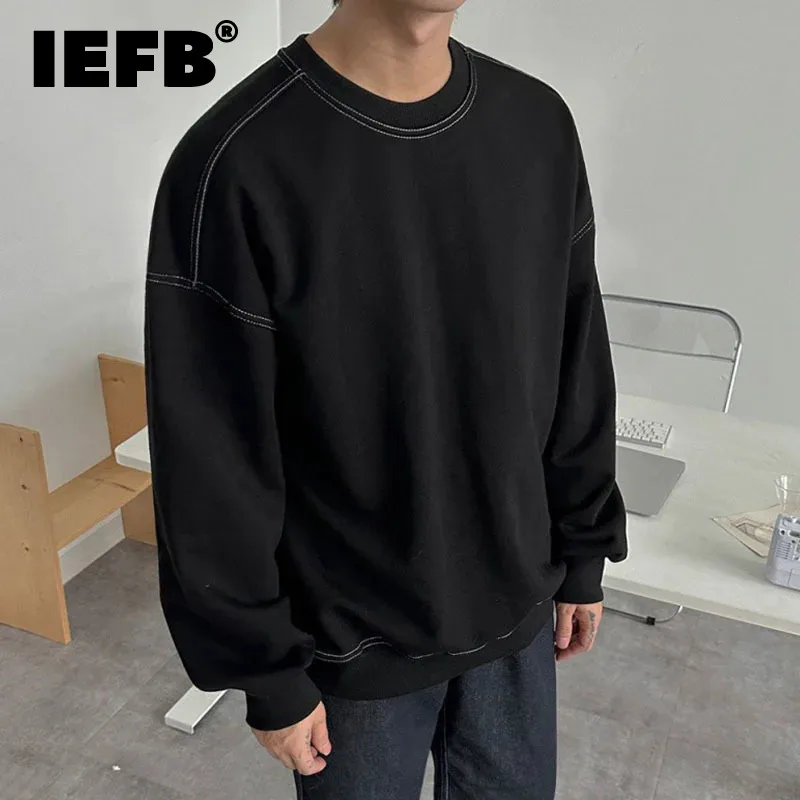 

IEFB Round Neck Hoodies Men's Spring Loose Pullover Korean Style Trend Top Male Clothing Quilting Solid Color Summer 9C4991