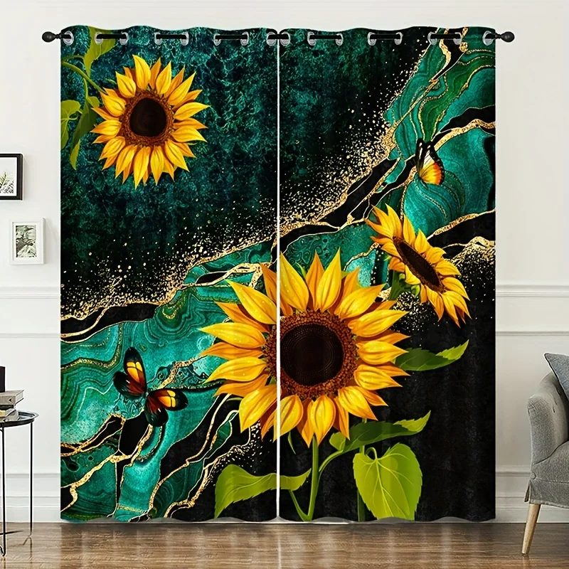 

2Pcs Sunflower Golden Texture Printed Curtain Grommet Top Window Treatment For Bedroom Office Kitchen Living Room Study Home Dec