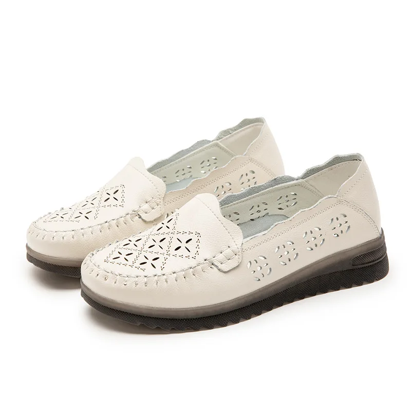 Genuine Leather Ladies Breathable Summer Casual Shoes Women Flats Slip-On Loafers Round Toe Soft Flat Shoes Women's Nurse Shoes