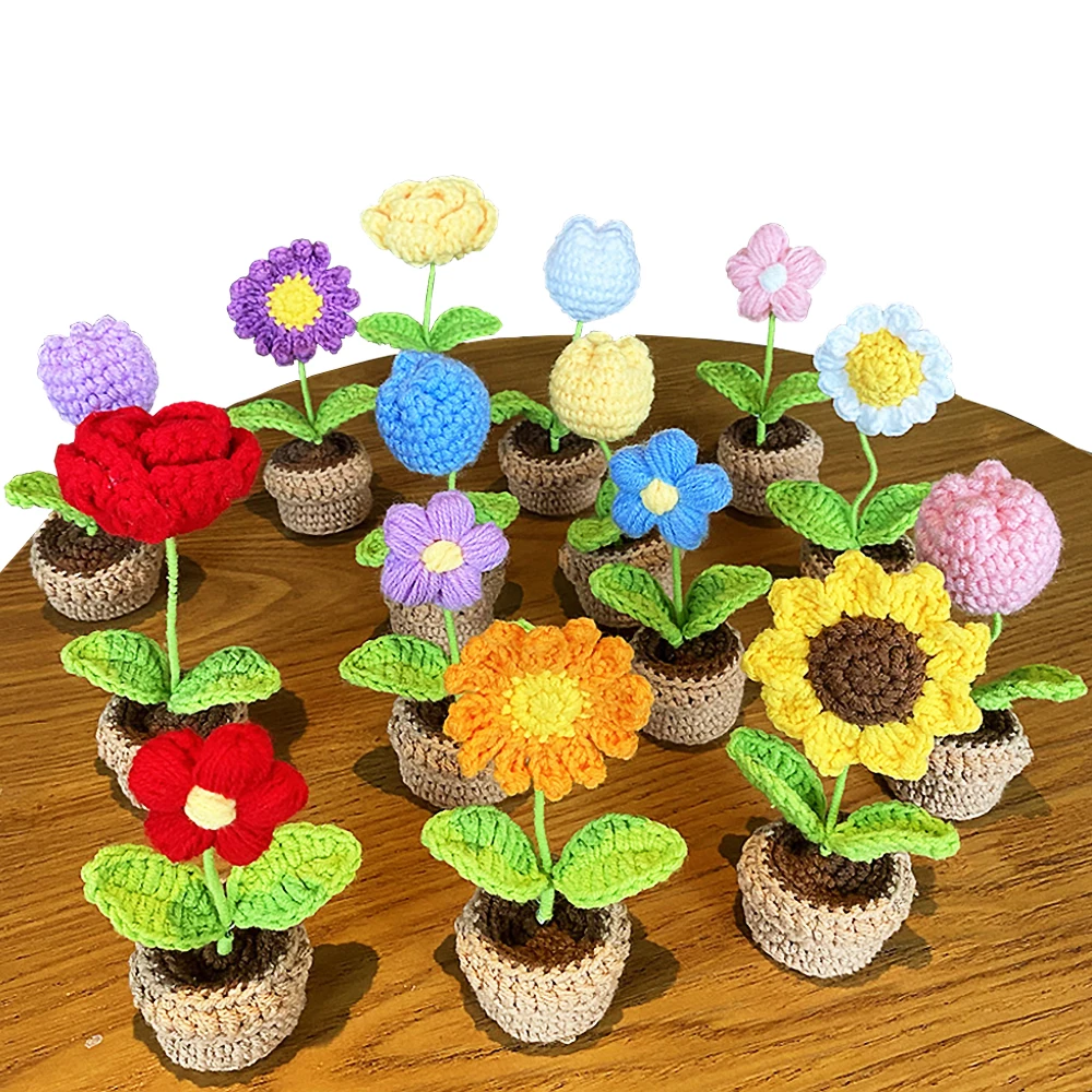 Hand-Knitted Potted Plant Crochet Flower Bouquet Wedding Home Decor  Ornament