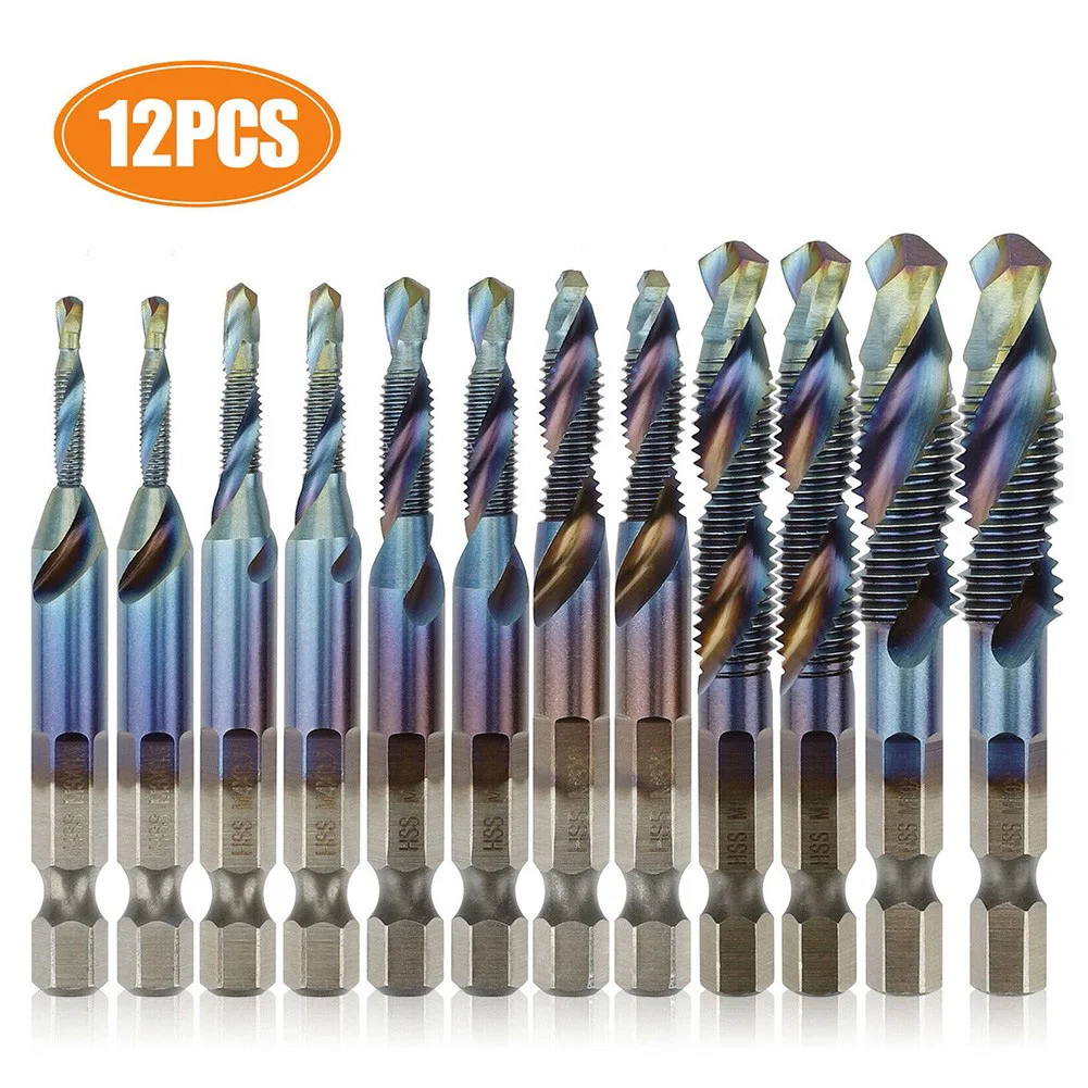 

K50 12Pcs HSS 1/4" Hex Shank Titanium Coated Screw Thread Metric Tap Drill Bits Set M3 M4 M5 M6 M8 M10 Combination Bit Tools