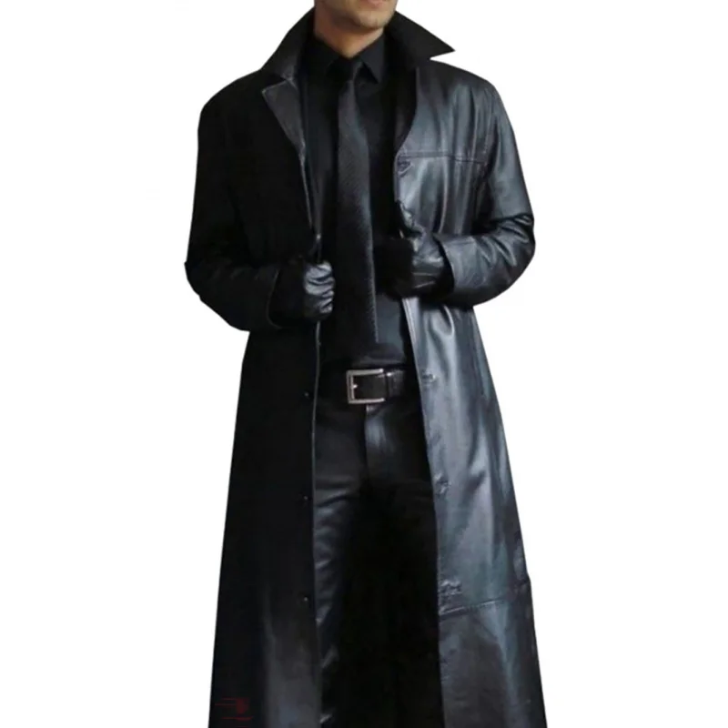 Trench Coat Men's Extended Trench Coat Men's Fashion Extended PU Leather Slim Fit Fashion Leather Coat